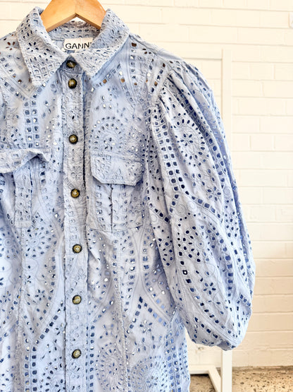 Ganni Blue Broderie Anglaise Balloon Sleeve Mini Shirt Dress - Size 8