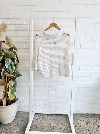 Morrison White Cropped Crochet Polo Top - Size 1 - 2 (10)