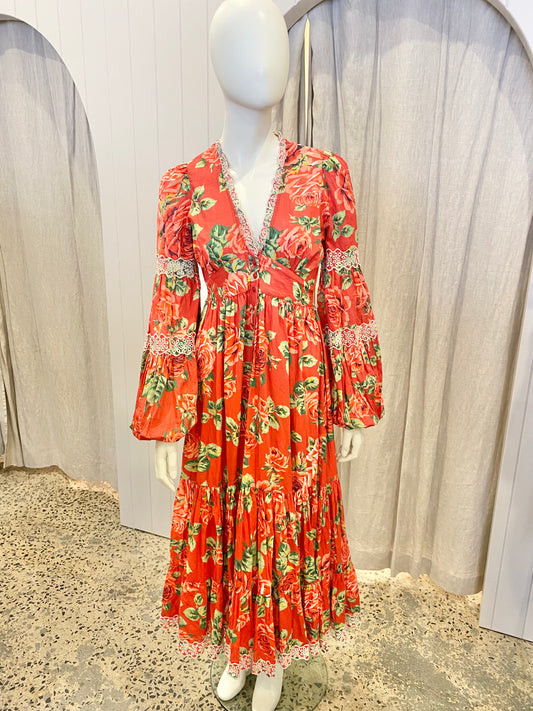 byTiMo Broderie Anglaise Midi Dress in Red Floral - Size Small (8-10)