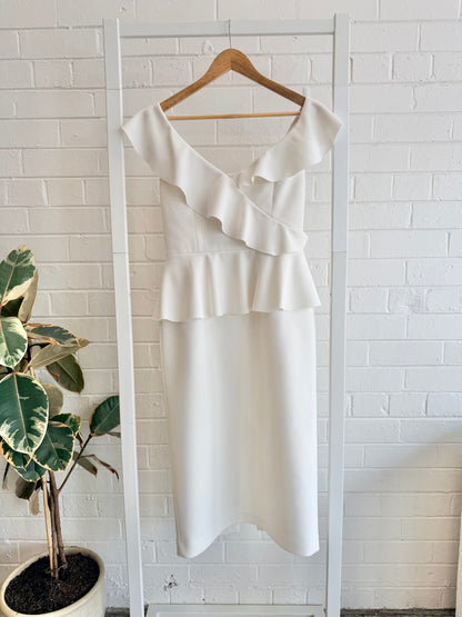 Rebecca Vallance 'Grace Frill' Midi Dress in Ivory - Size 12