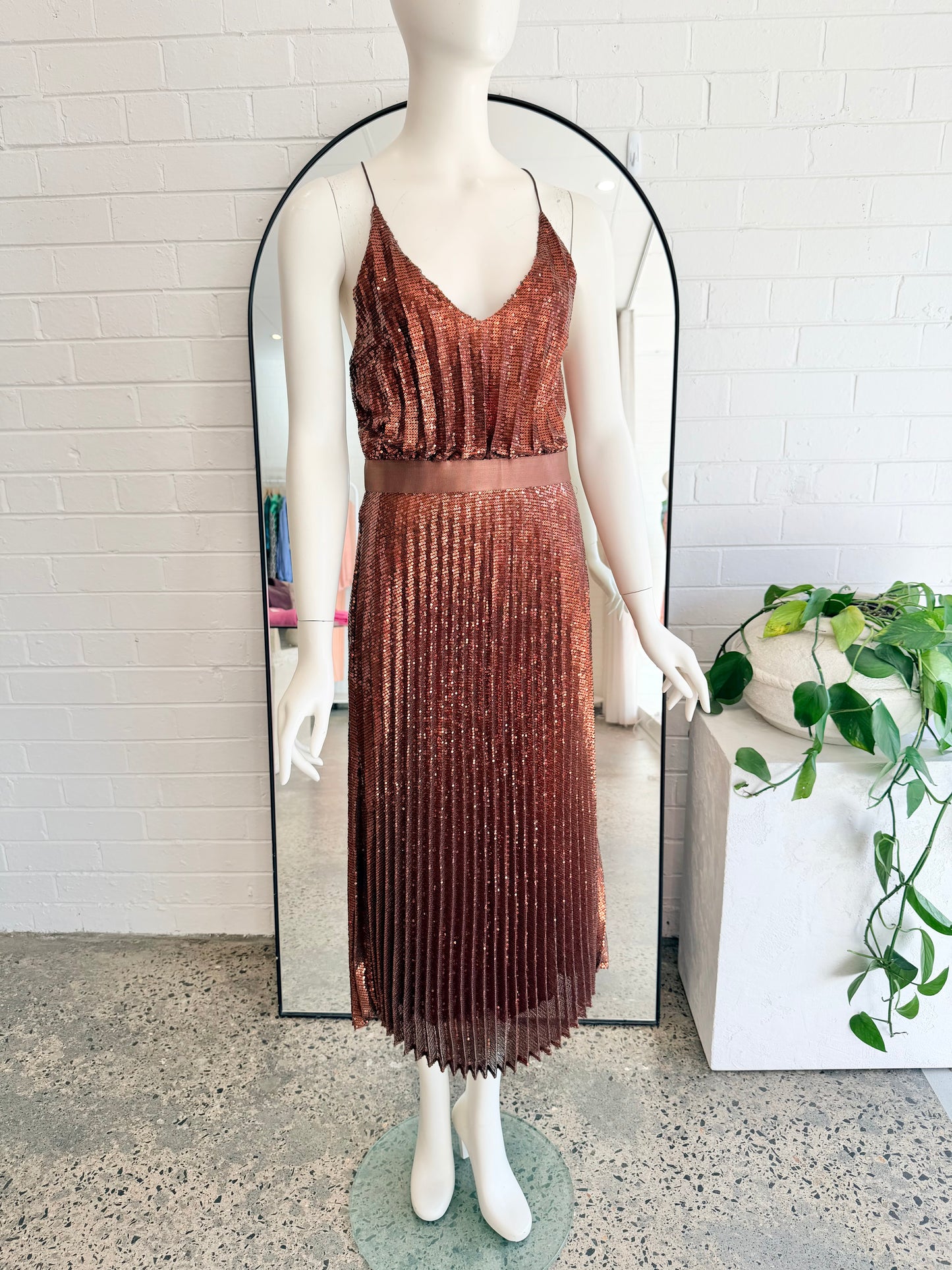 Flannel Copper Sequin Pices Cami Midi Dress - Size 1 (8) - Pre-Loved Geelong