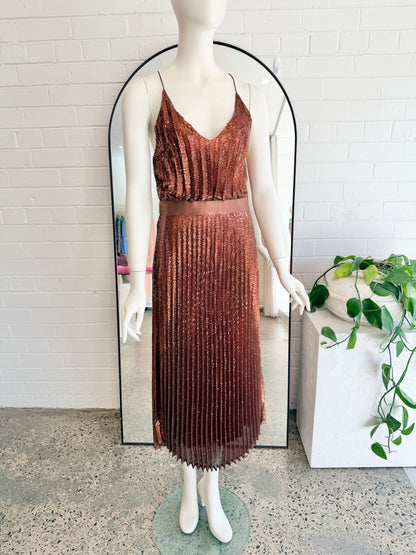 Flannel Copper Sequin Pices Cami Midi Dress - Size 1 (8) - Pre-Loved Geelong