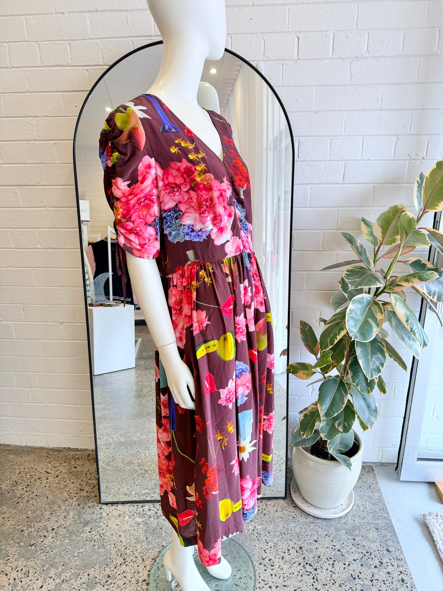Gorman Dark Floral Print Still Life Long Dress - Size 12