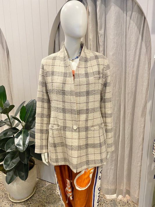 Viktoria and Woods Beige Check Williamsburg Wool Blazer - Size 2 (10)