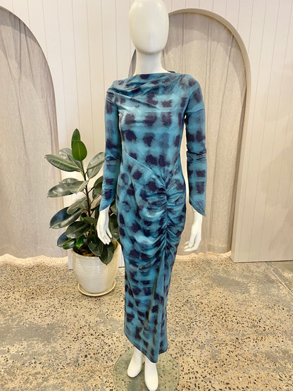 Suboo Shibori Long Sleeve Ruched Maxi Dress in Green - Size M (10/12)