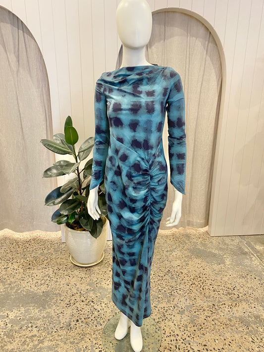 Suboo Shibori Long Sleeve Ruched Maxi Dress in Green - Size M (10/12)