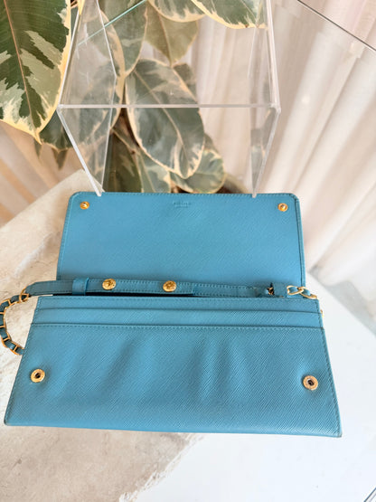 Prada Turquoise Saffiano Continental Flap Wallet on Chain
