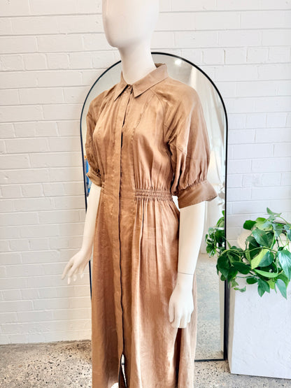 Country Road Mocha Linen Blend Fluid Cinched Shirt Dress - Size 8