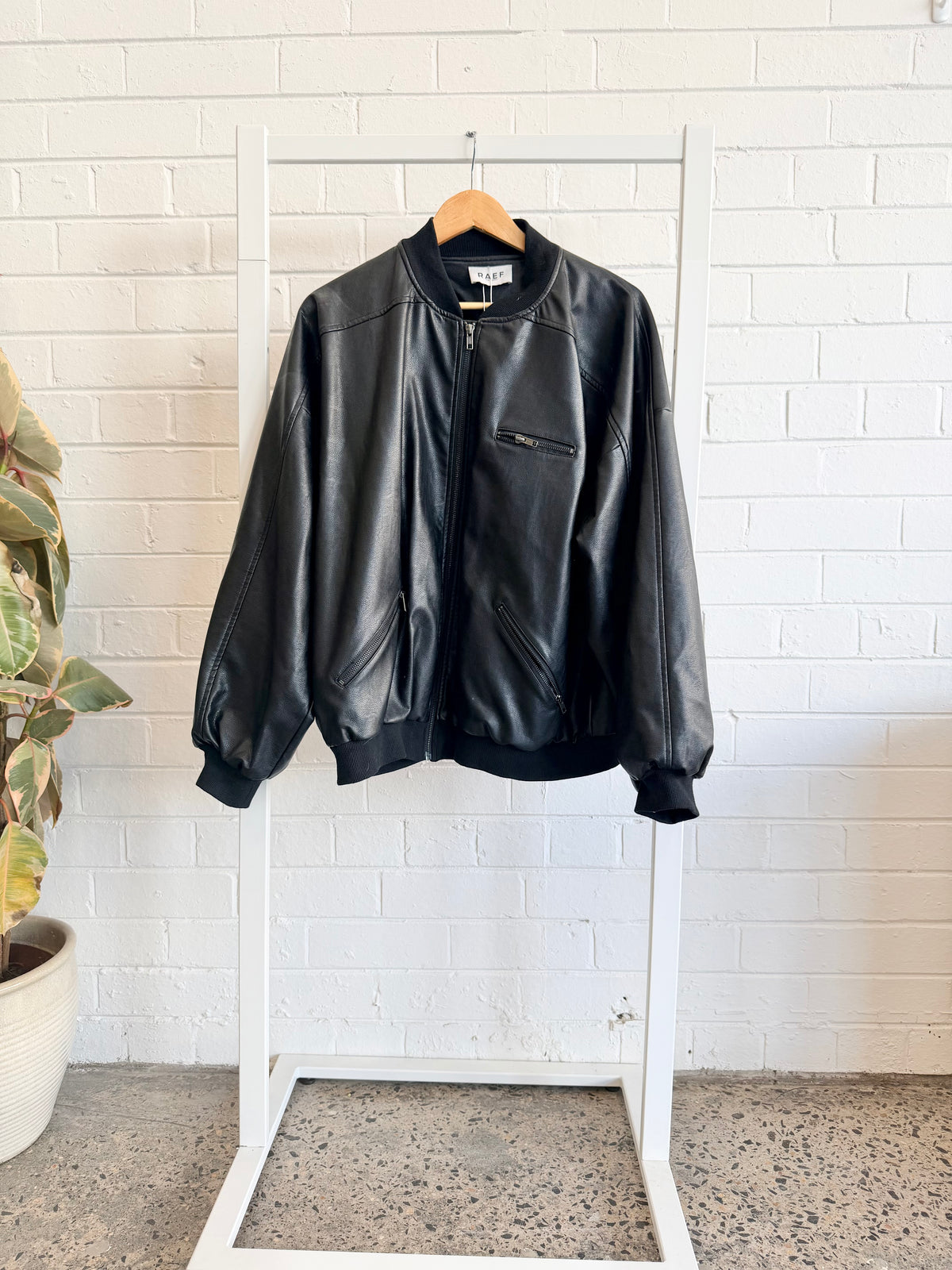Raef Black Faux Leather Bomber Jacket - Size L (10 - 12)