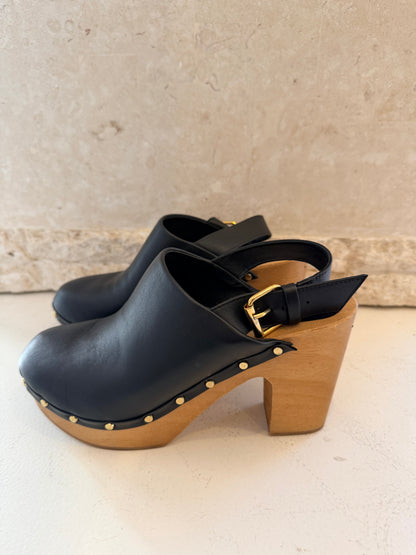 Husk Black Leather Clogs - Size 39
