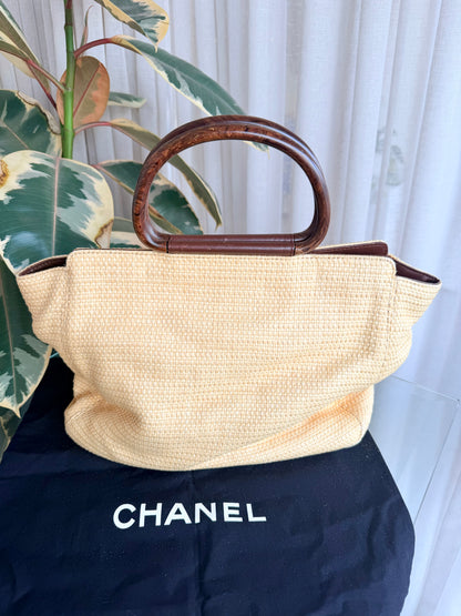 Vintage Chanel Raffia Woden Handle Tote Bag