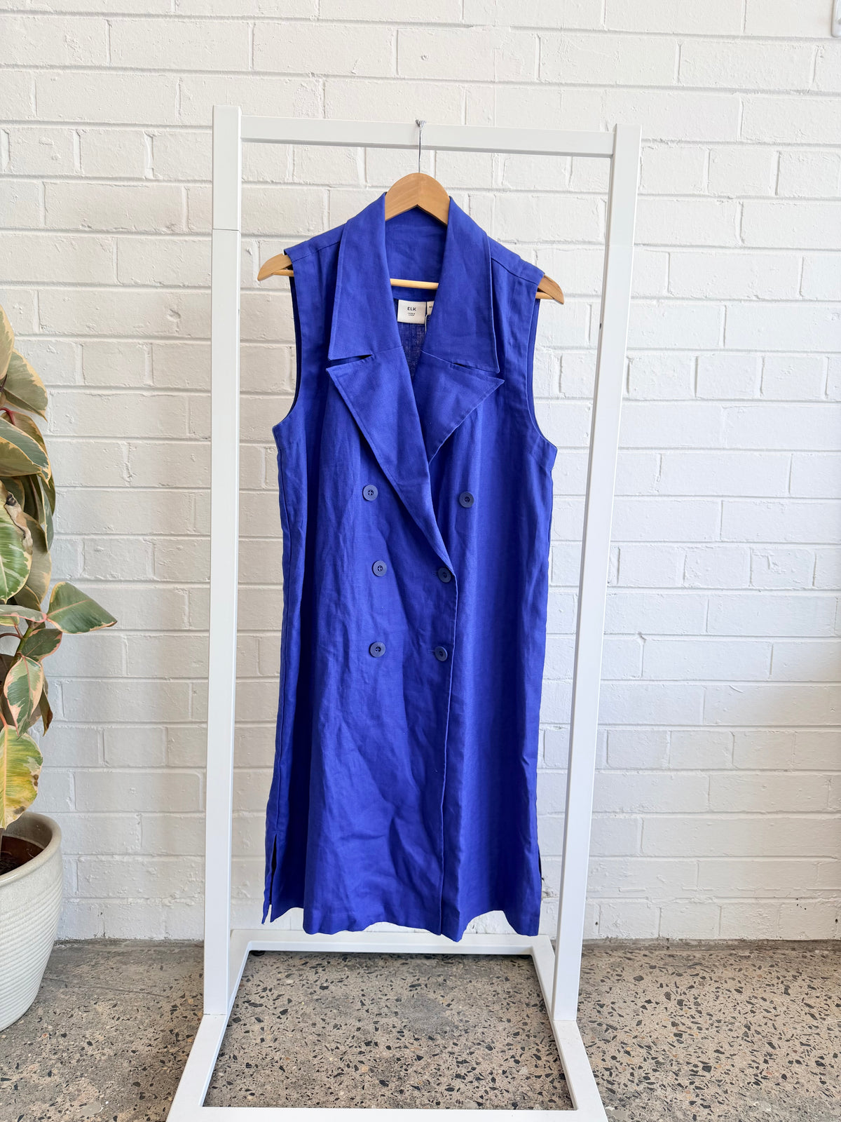 Elk Double Breasted French Linen Midi Dress - Cobalt Blue - Size M/L