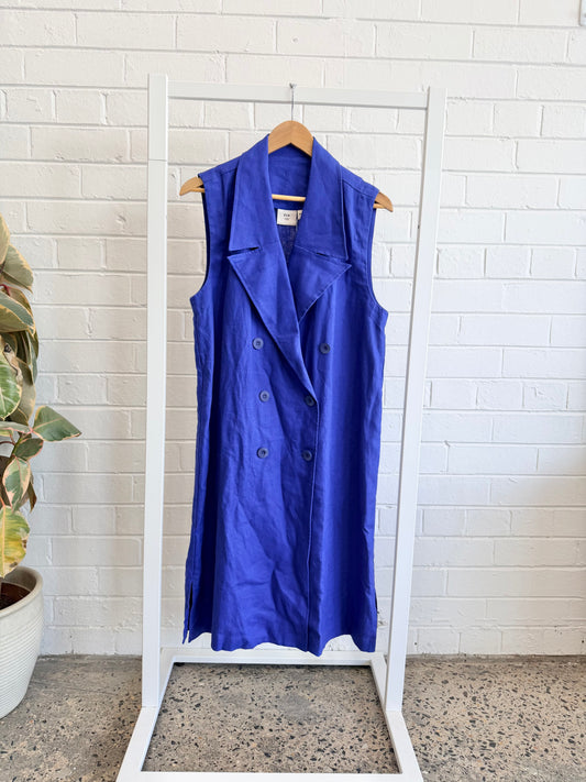 Elk Double Breasted French Linen Midi Dress - Cobalt Blue - Size M/L