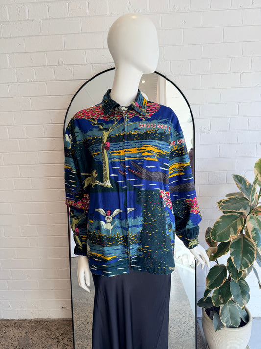 Yevu 'Oh God Save Us' Blue and Green Print Jacket - Size L (12/14)