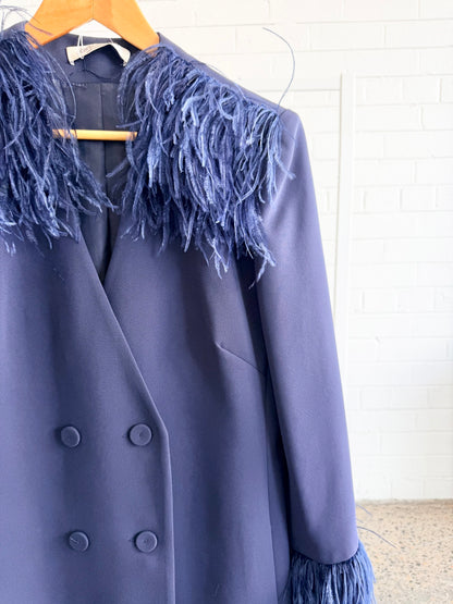 Carla Zampatti Navy Feather Trim Jacket Dress - Size 10
