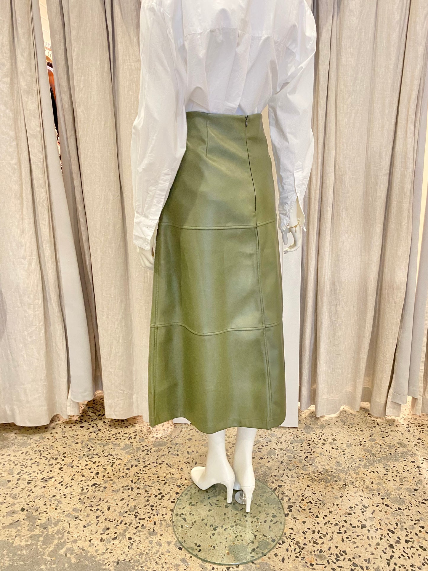 Serafina Vegan Leather Midi Skirt in Olive - Size 14
