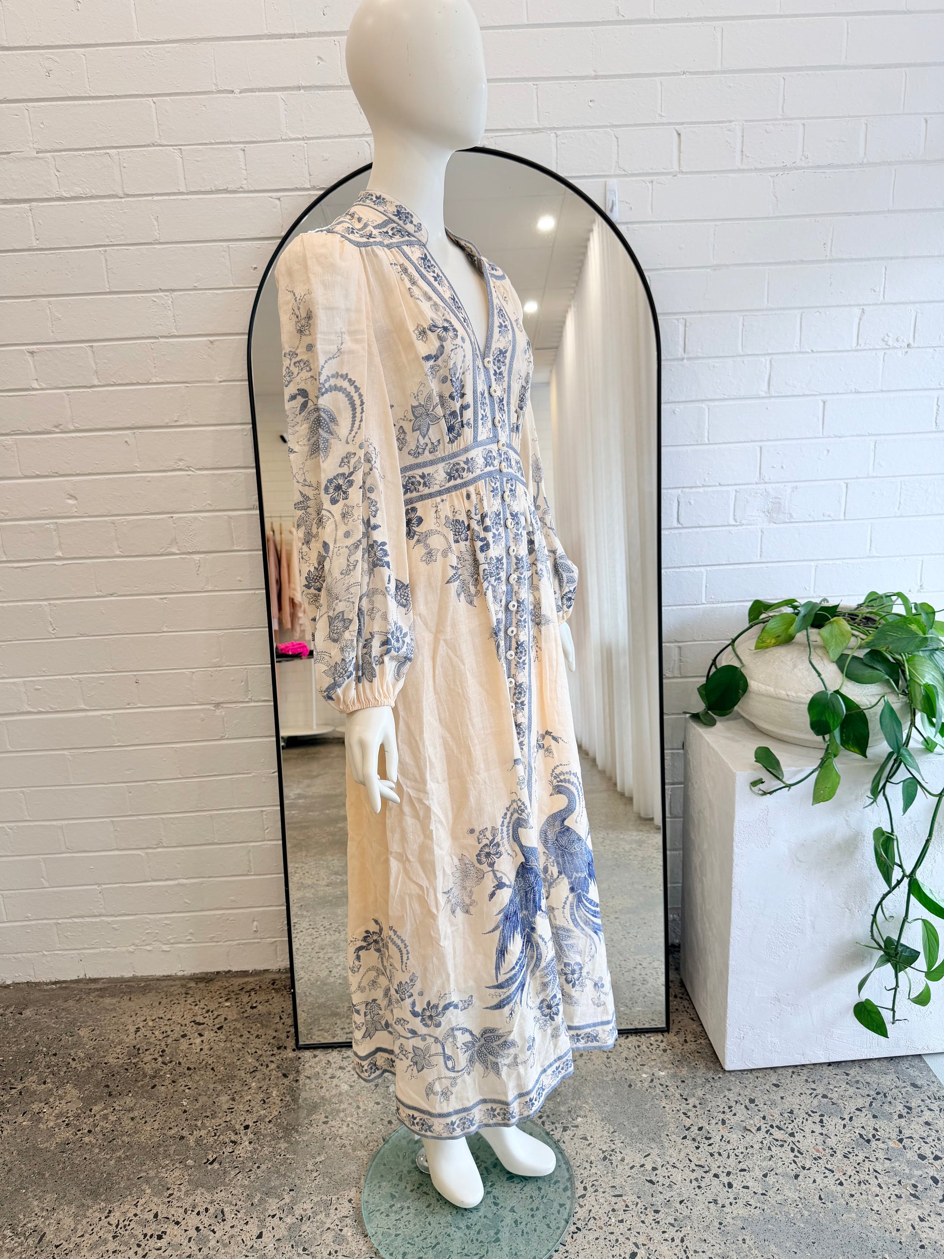 Zimmermann Cream and Blue Lucky Plunge Midi Dress - Size 3 (12) - Pre-Loved Geelong