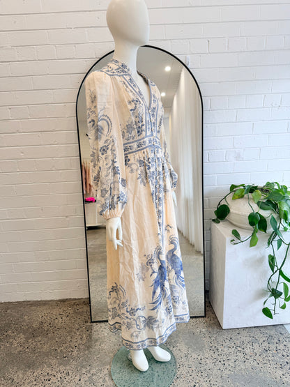 Zimmermann Cream and Blue Lucky Plunge Midi Dress - Size 3 (12) - Pre-Loved Geelong