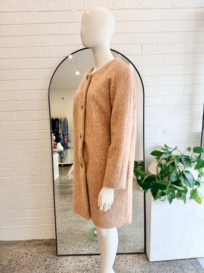 Vintage Wayne Cooper Camel Round Neck Wool Blend Coat - Size 3 (10 - 12)