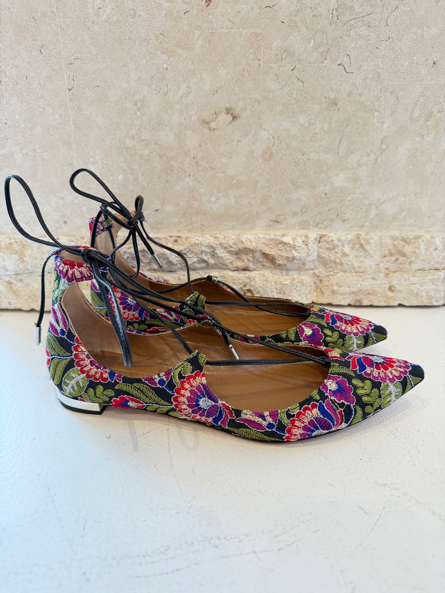 Aquazzura Firenze Christy Embroidered Floral Pinted Toe Flats - Size 39