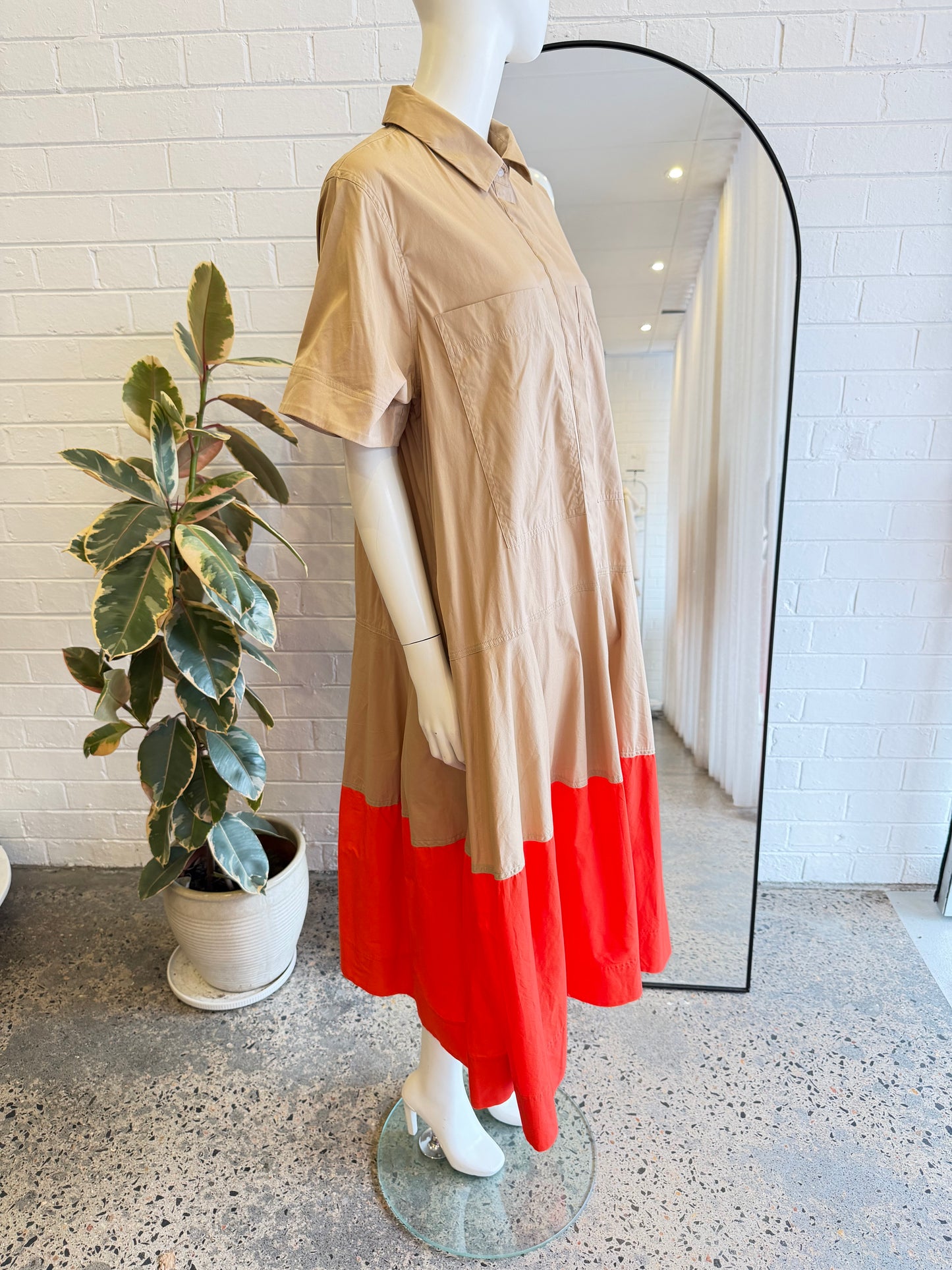 Lee Mathews Beige/Orange Charlotte Spliced Midi Dress - Size 4 (14)