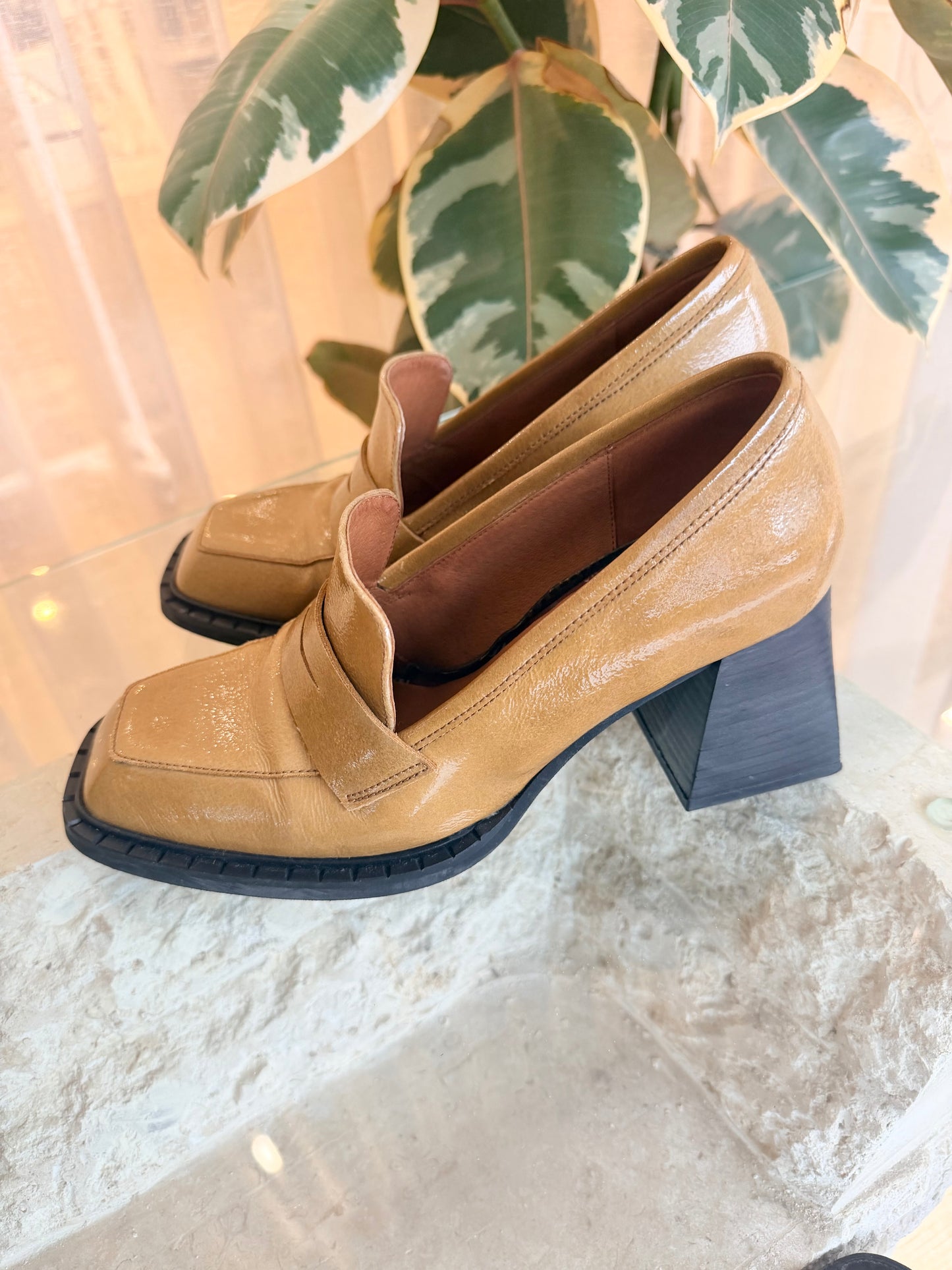 Neo Mustard Patent Heeled Loafers - Size 39