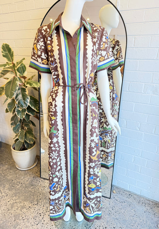 Alemais Brown Maroc Printed Linen Shirt Dress - Size 12