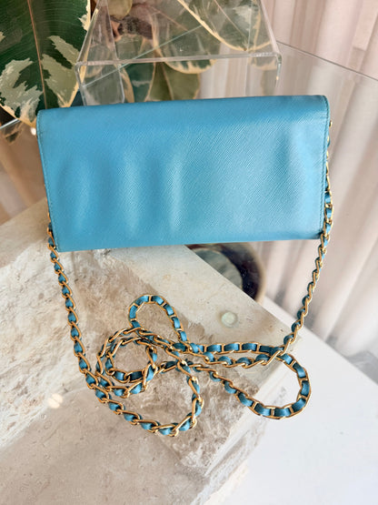 Prada Turquoise Saffiano Continental Flap Wallet on Chain