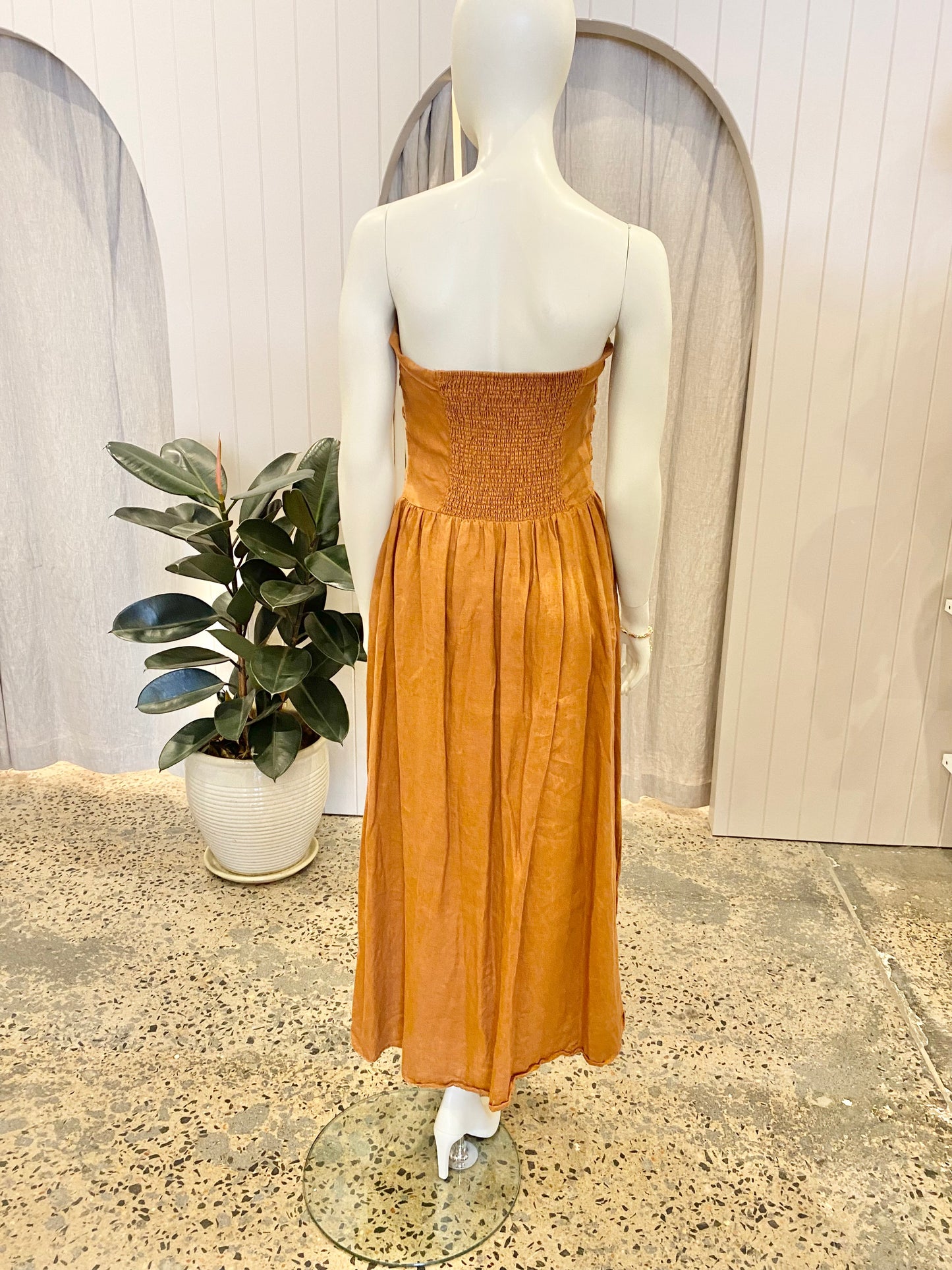 Dissh 'Lexi' Spice Linen Midi Dress in Tan - Size 12