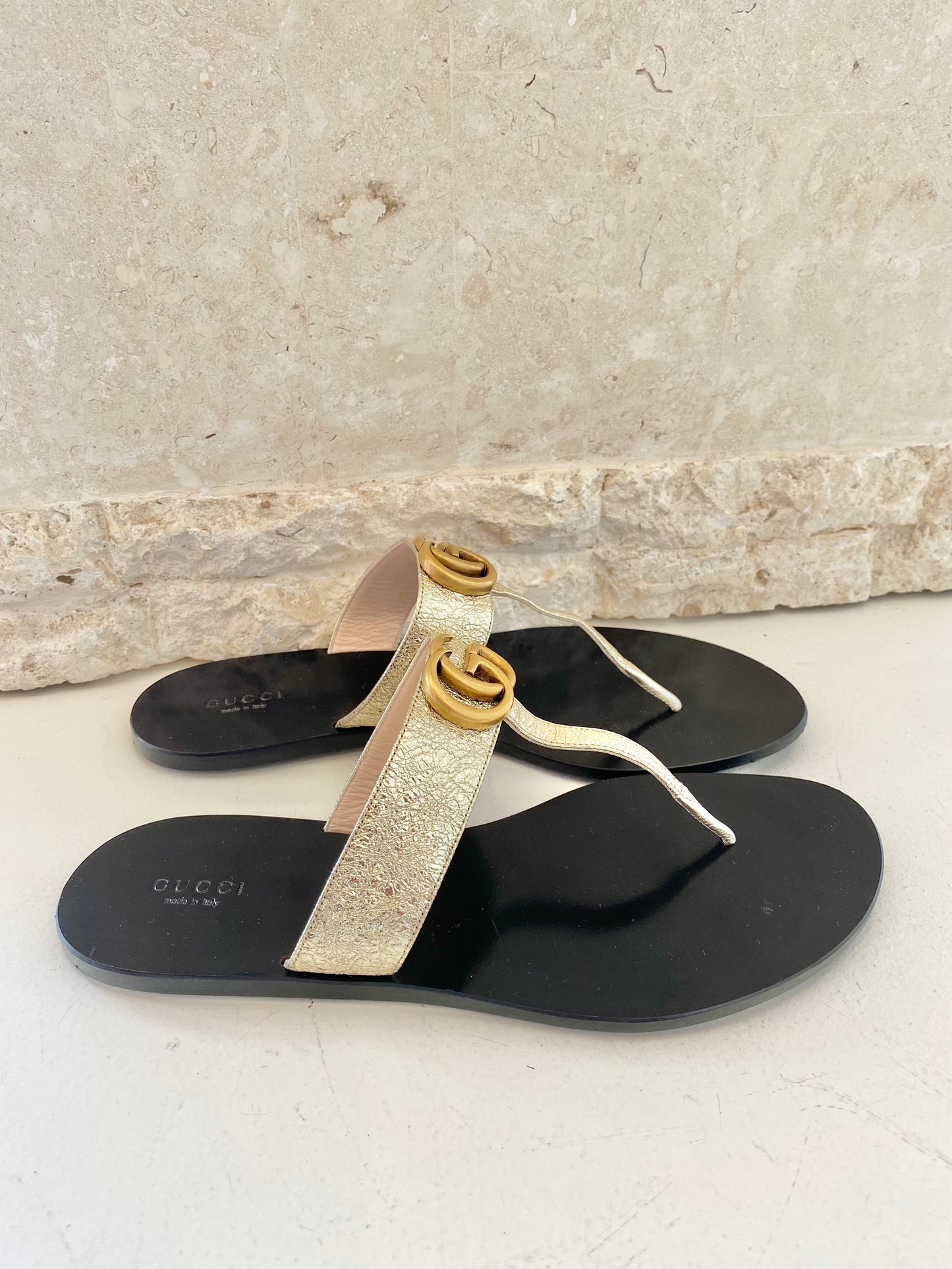 Gucci Black and Gold Marmount Thong - Size 41