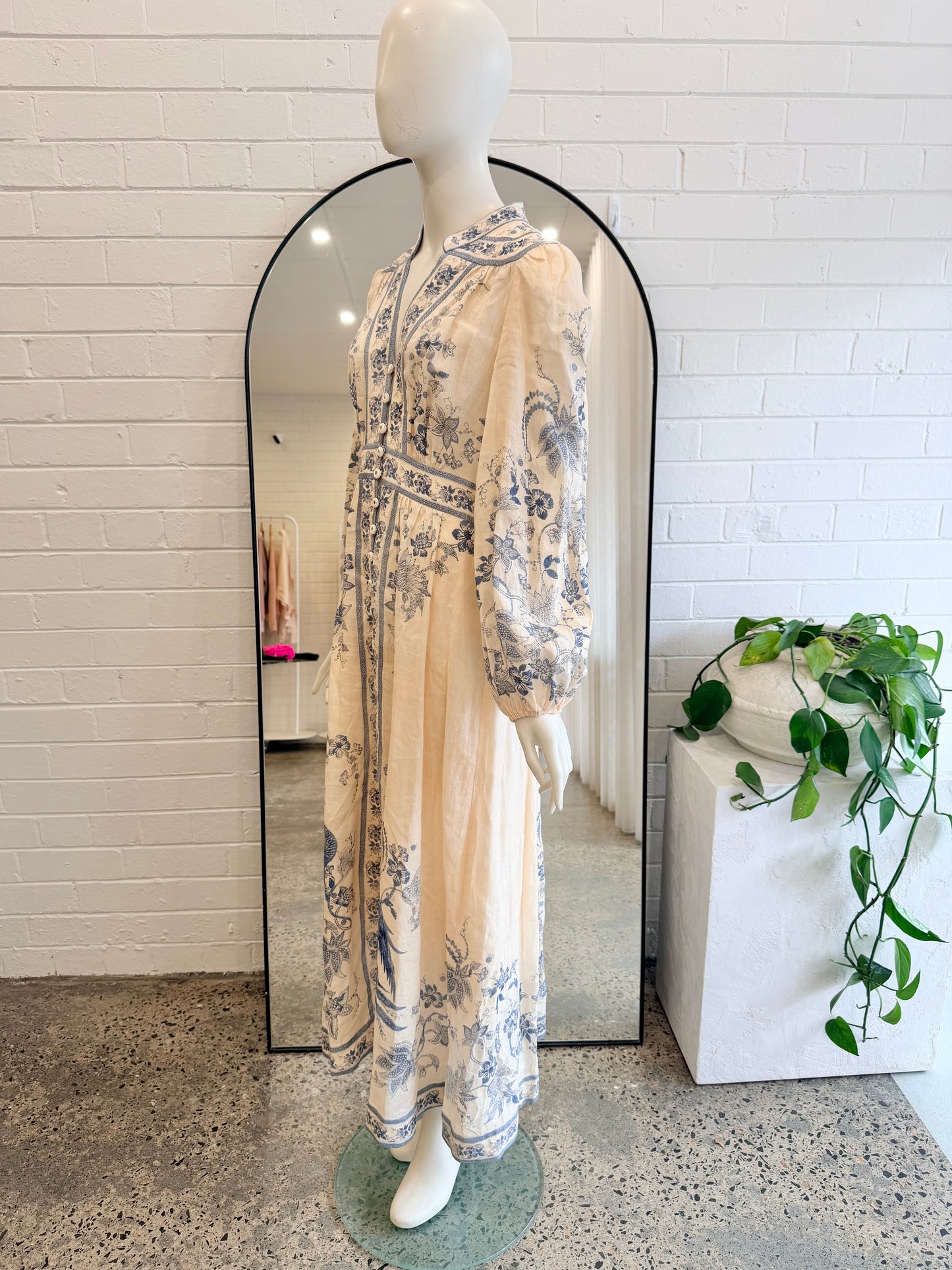 Zimmermann Cream and Blue Lucky Plunge Midi Dress - Size 3 (12) - Pre-Loved Geelong