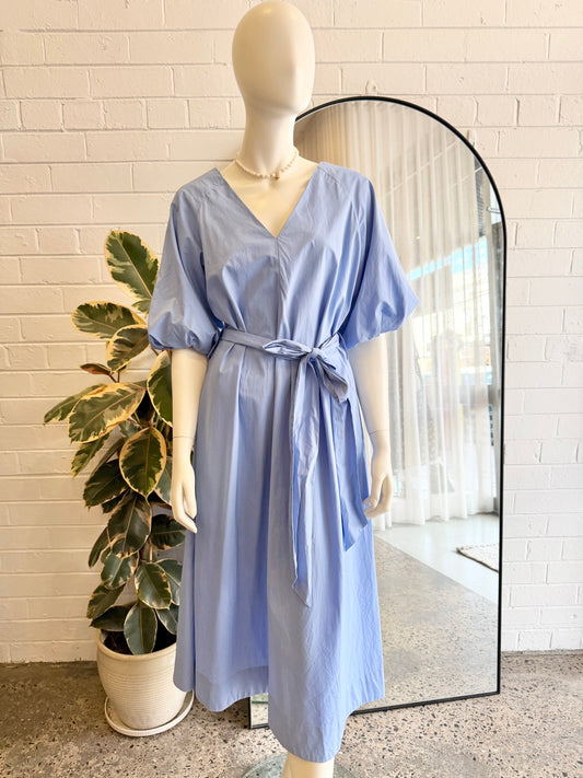 365 Days Blue Cotton Puff Sleeve Midi Dress - Size L