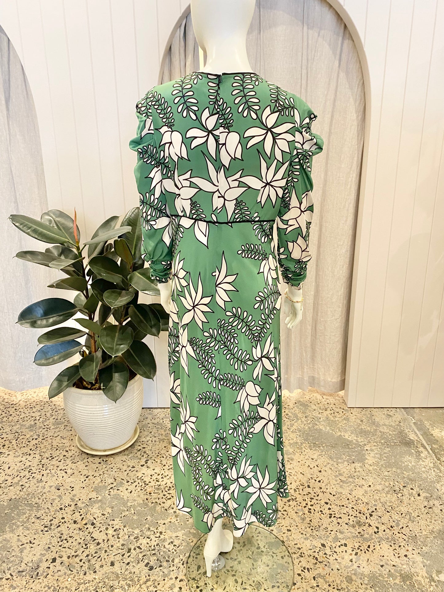 Husk Silk Dress in Green/White Leaf Print- Size 12
