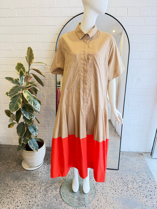 Lee Mathews Beige/Orange Charlotte Spliced Midi Dress - Size 4 (14)