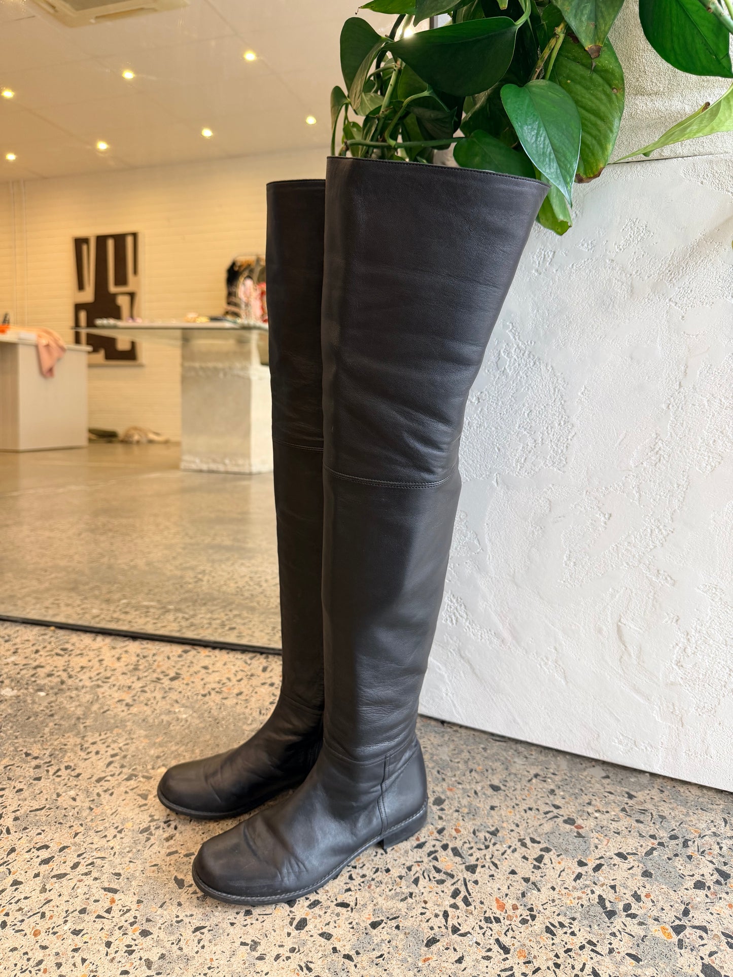 Stuart Weitzman Black Leather Over-The-Knee Boots - Size 6.5 (38)