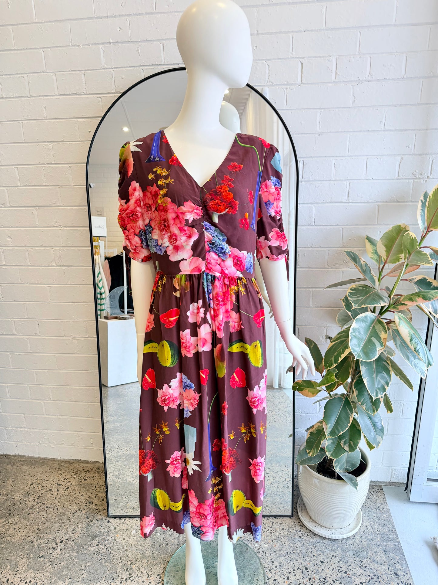 Gorman Dark Floral Print Still Life Long Dress - Size 12