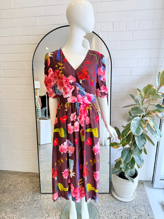 Gorman Dark Floral Print Still Life Long Dress - Size 12