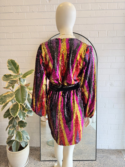 Rebecca Vallance Kaia Sequin Wrap Mini Dress - Size 8