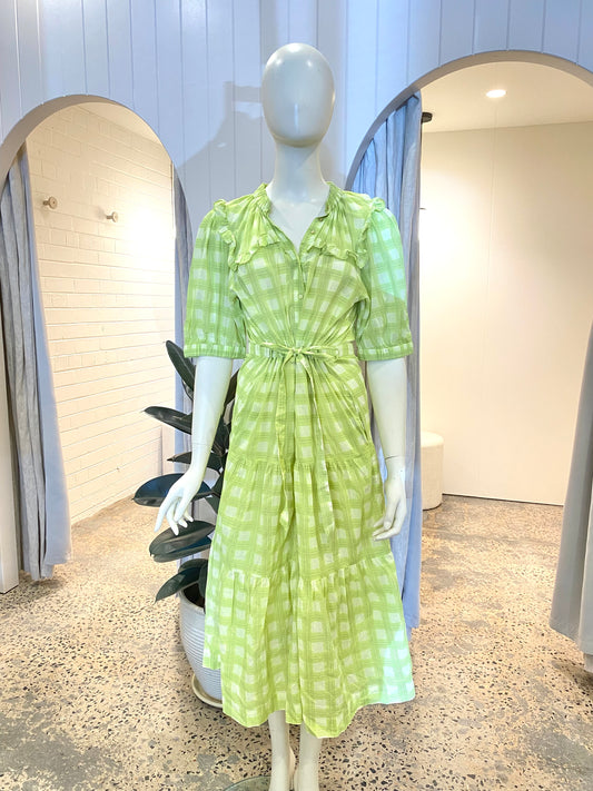 Lola Pacific Midi Dress in Green Check - Size 8