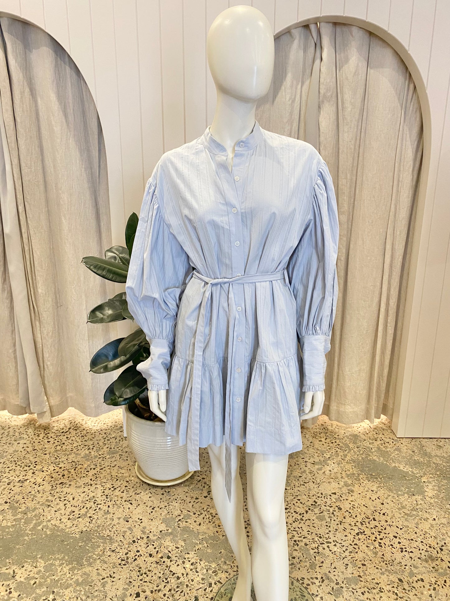 Shona Joy Blue Ella Balloon Sleeve Shirt Mini Dress - Size 10