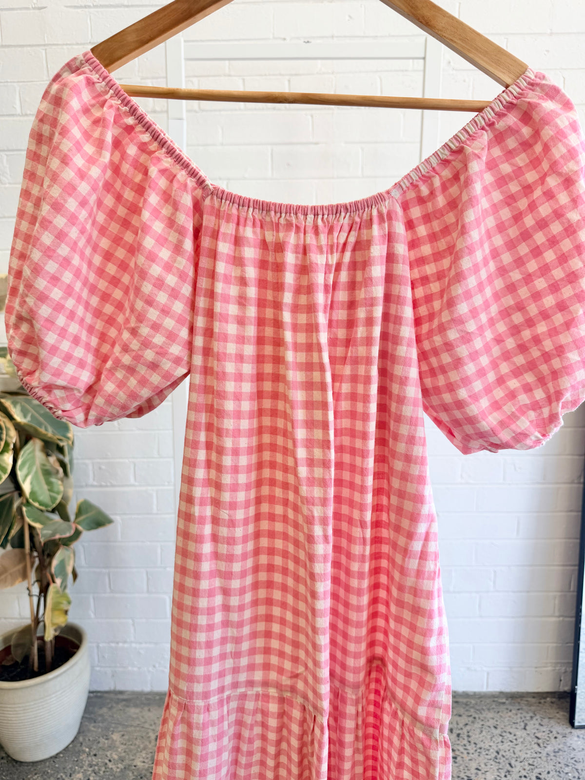 Handmade Pink Gingham Puff Sleeve Maxi Dress - Size 10-12