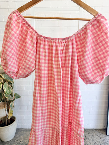 Handmade Pink Gingham Puff Sleeve Maxi Dress - Size 10-12