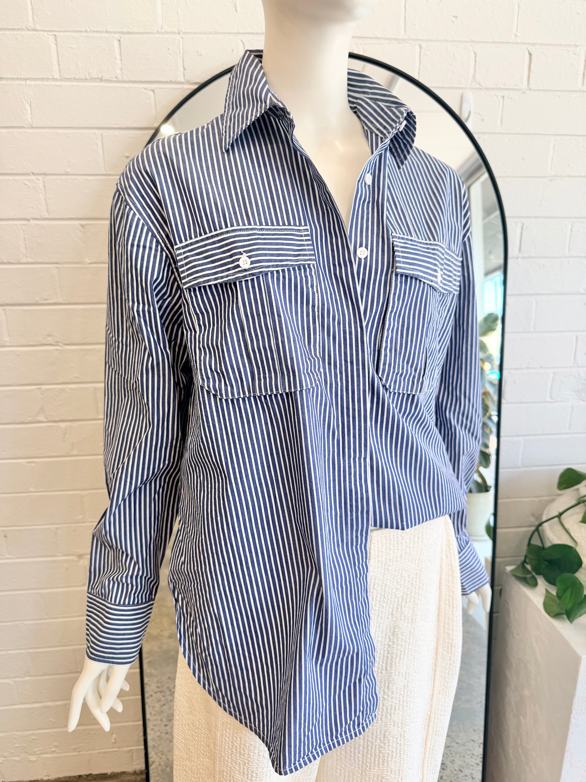 ODE Oversized Shirt in Blue/White stripe - Size 8 - Pre-Loved Geelong
