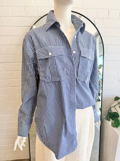 ODE Oversized Shirt in Blue/White stripe - Size 8 - Pre-Loved Geelong