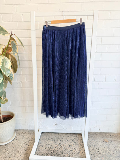 Caroline Morgan Navy Lurex Pleated Midi Skirt - Size 12