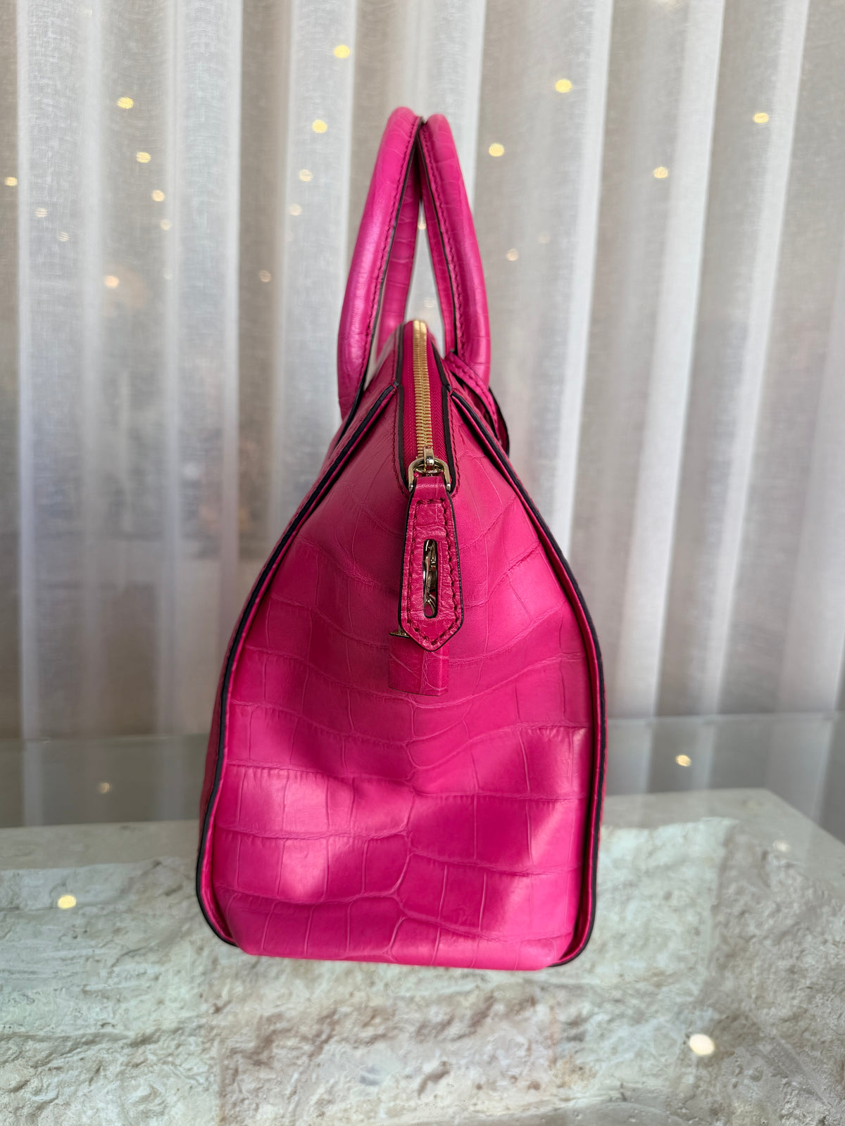MCM Hot Pink Munchen Crocodile Embossed Leather Satchel Bag