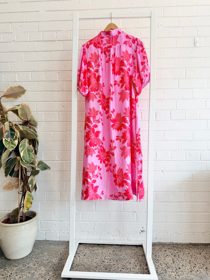 Alessandra Floral Silk Midi Shirt Dress - Size L (12)