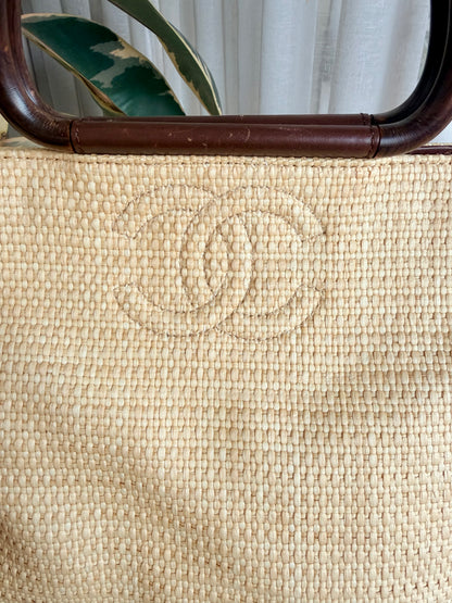 Vintage Chanel Raffia Woden Handle Tote Bag
