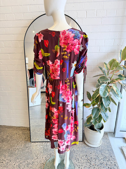 Gorman Dark Floral Print Still Life Long Dress - Size 12