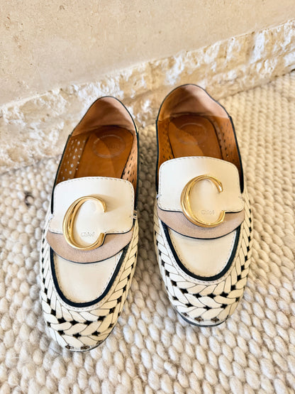 Chloe Cream C Woven Leather Loafers - Size 38